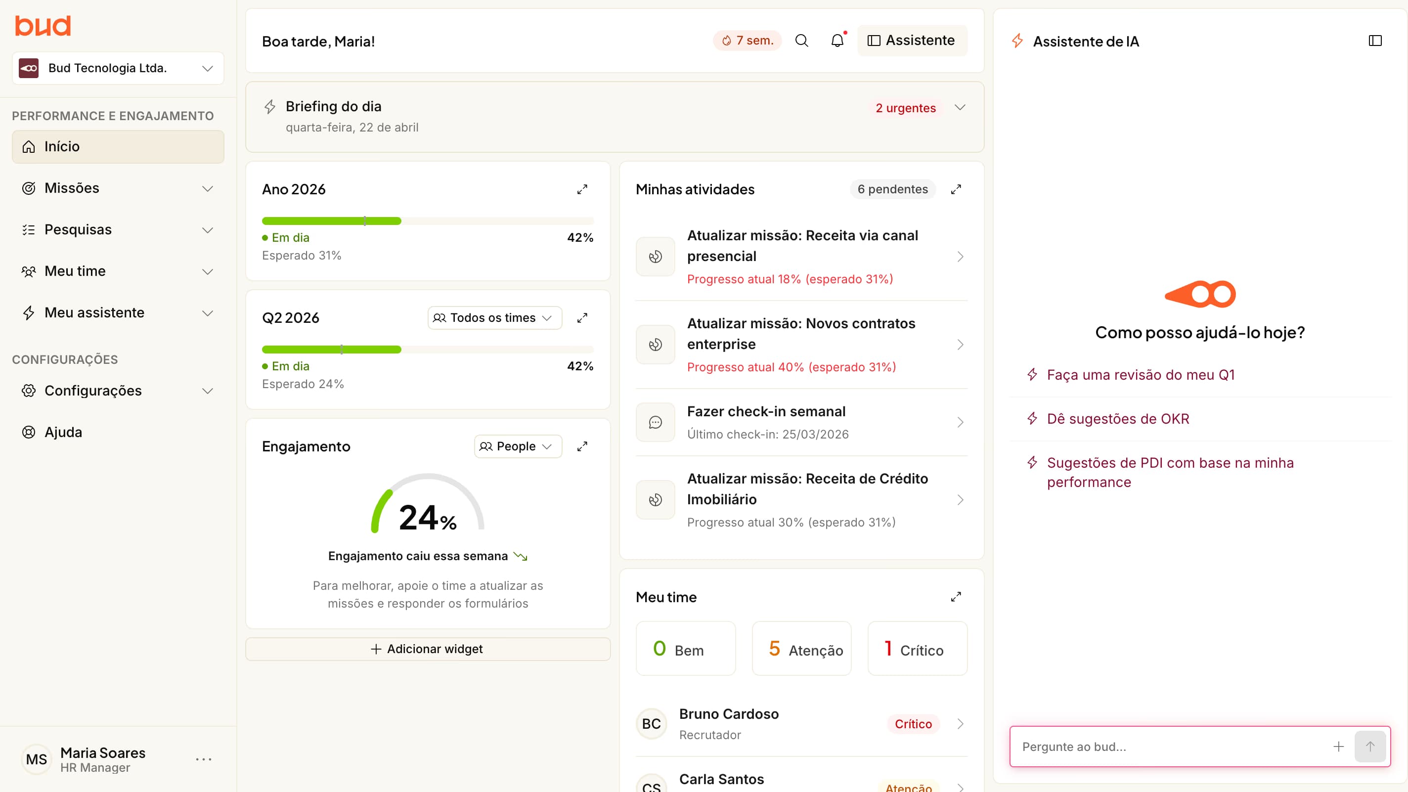 Dashboard da plataforma Bud mostrando a visão de Estratégia, KPIs de time e tabela de missões de onboarding.