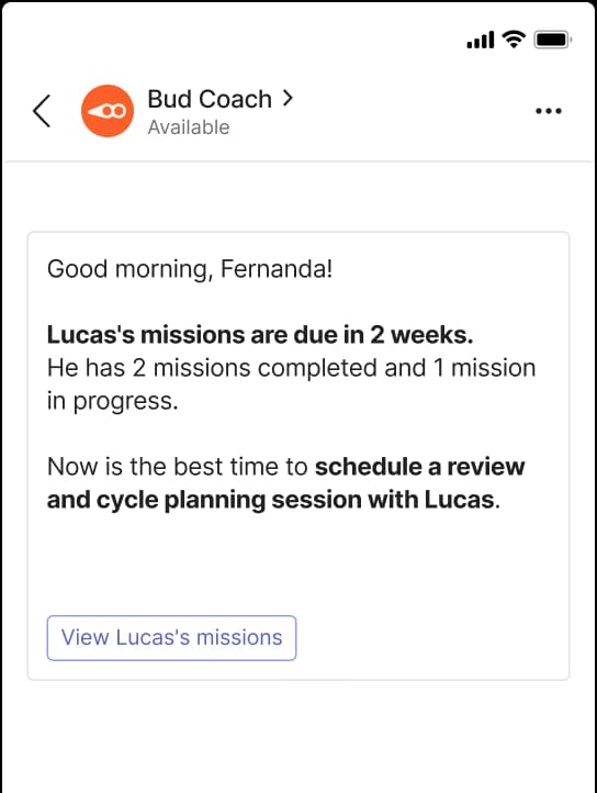 Mockup of Microsoft Teams showing the Bud Coach conversation.