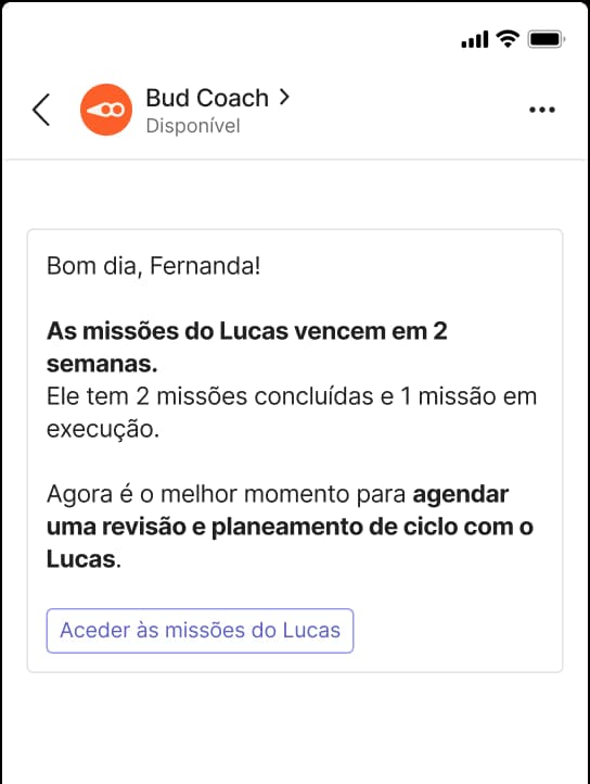 Mockup do Microsoft Teams a mostrar a conversa do Bud Coach.