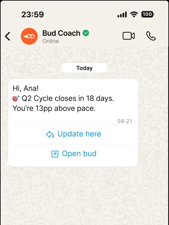 Mockup of WhatsApp showing the Bud Coach conversation.