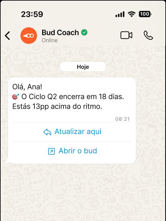 Mockup do WhatsApp a mostrar a conversa do Bud Coach.