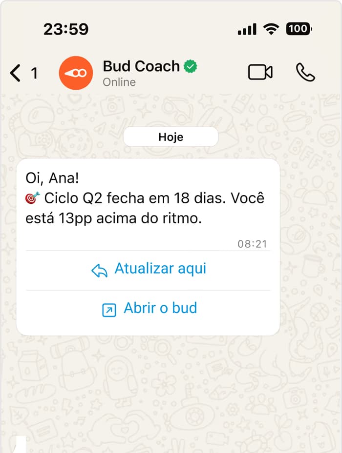 Mockup do WhatsApp exibindo a conversa do Bud Coach.