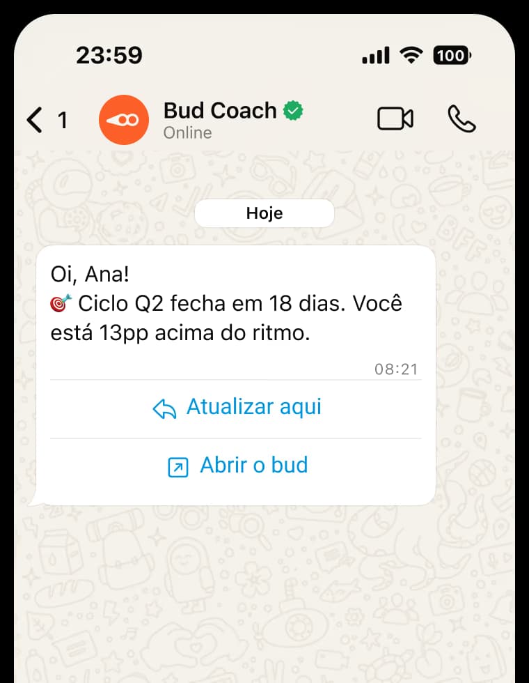 Mockup do WhatsApp exibindo a conversa do Bud Coach.