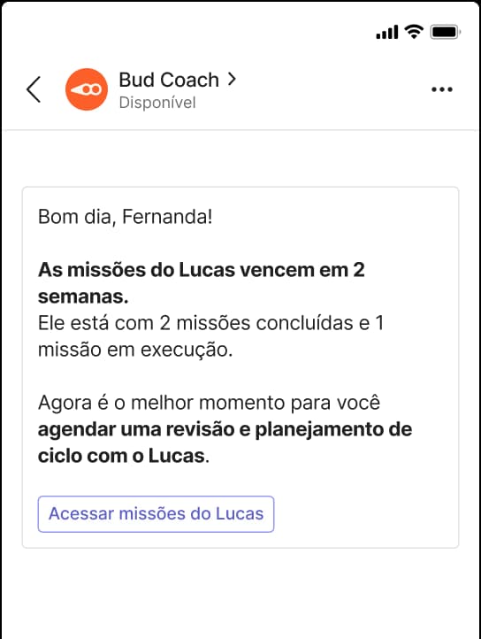 Mockup do Microsoft Teams exibindo a conversa do Bud Coach.