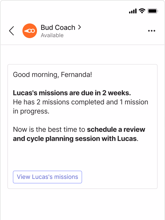 Mockup of Microsoft Teams showing the Bud Coach conversation.