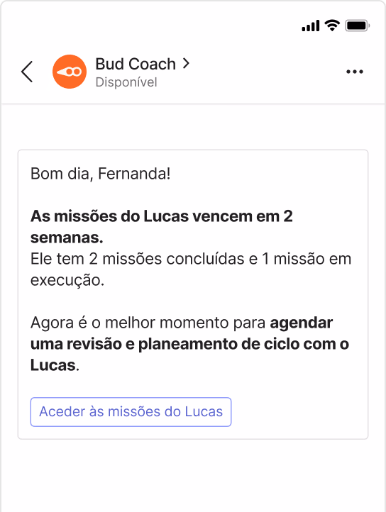 Mockup do Microsoft Teams a mostrar a conversa do Bud Coach.