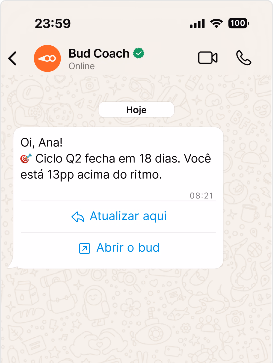Mockup do WhatsApp exibindo a conversa do Bud Coach.