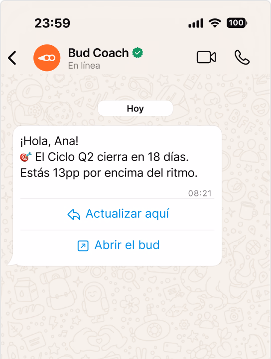 Mockup de WhatsApp mostrando la conversación del Bud Coach.