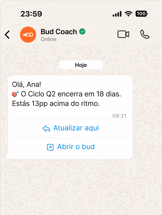 Mockup do WhatsApp a mostrar a conversa do Bud Coach.