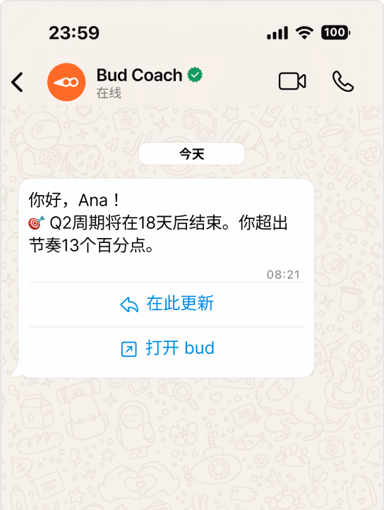 WhatsApp 样张,展示 Bud Coach 的对话。